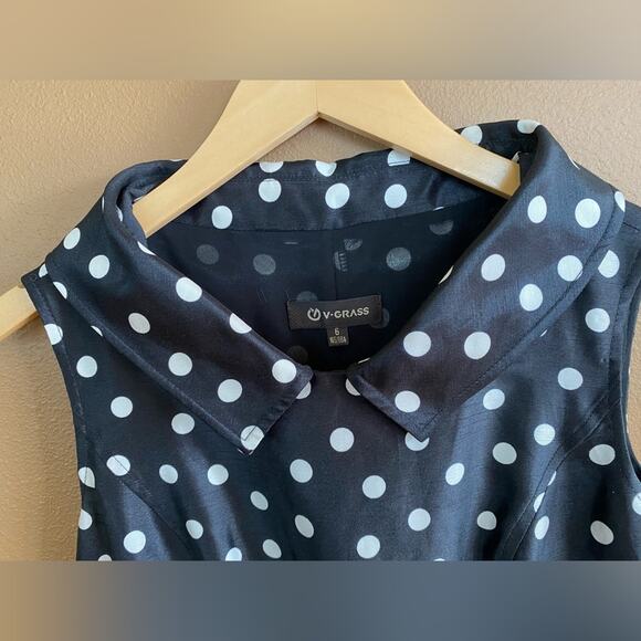 V-Grass Dress Polka Dot Sleeveless with Collar Black and White Lined Size 6 - Picture 3 of 5